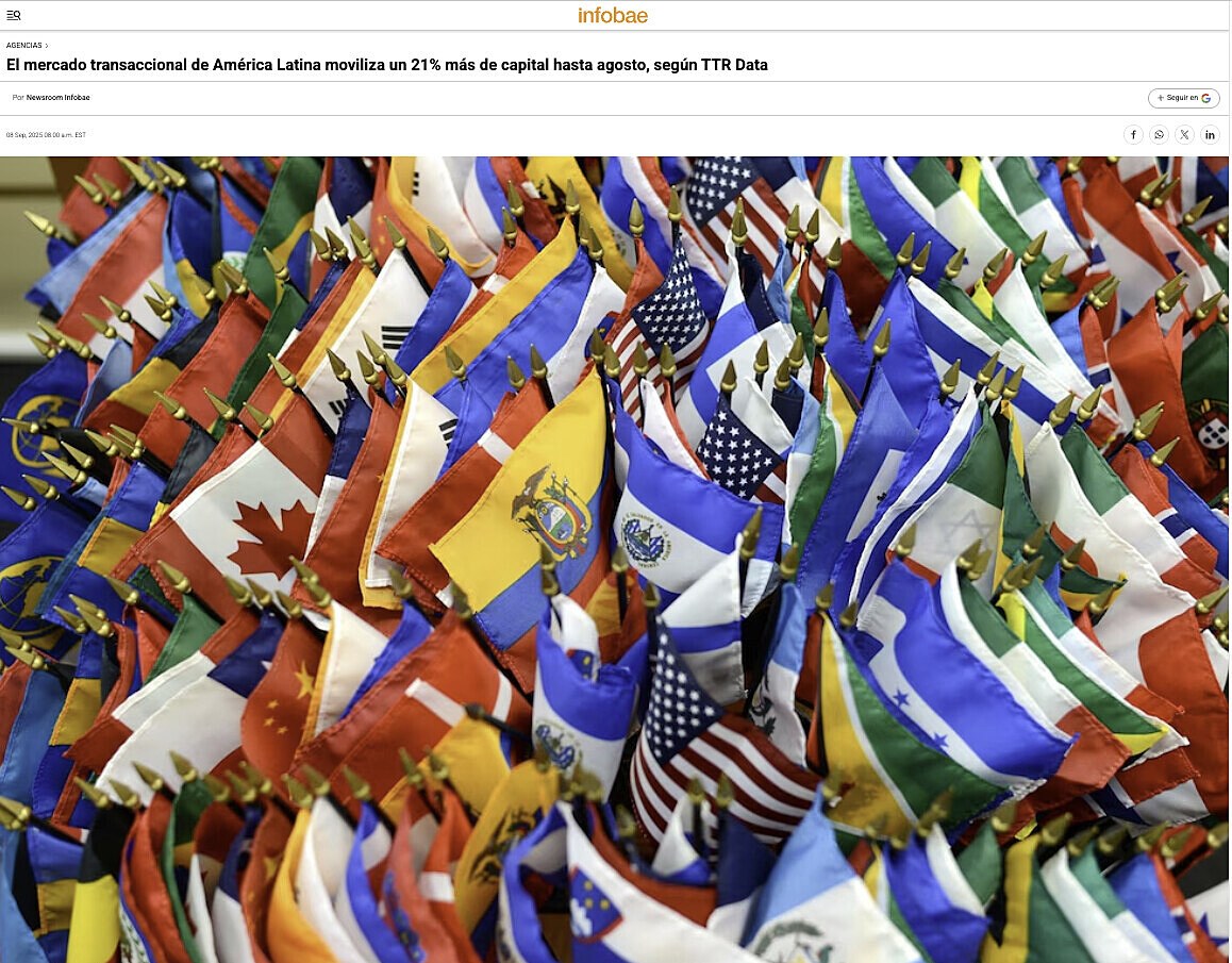 El mercado transaccional de Amrica Latina moviliza un 21% ms de capital hasta agosto, segn TTR Data